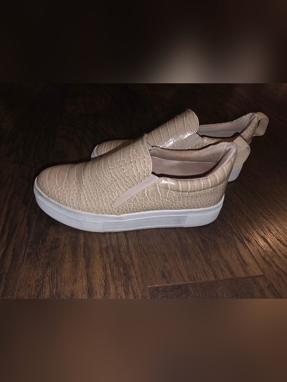 Lulu's Croc-Embossed Slip-On Platform Sneakers in Beige